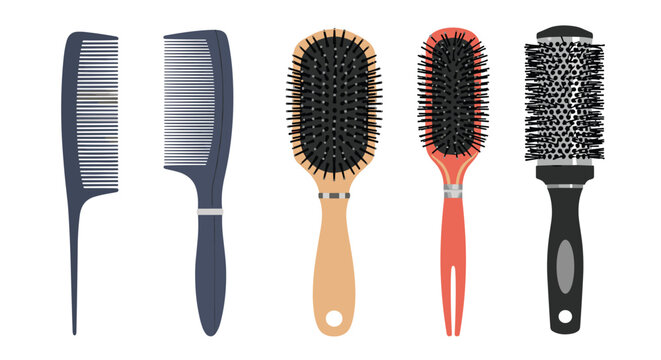 Set of five different professional hair care tools including fine tooth combs paddle brushes and a round styling brush.