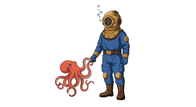 Vintage deep sea diver in a classic bronze helmet and blue suit holding a friendly red octopus under the water.