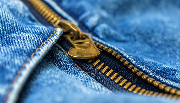Close-up view of a denim garment zipper. Gold-colored metal teeth are interlocked. Soft focus on the blue material