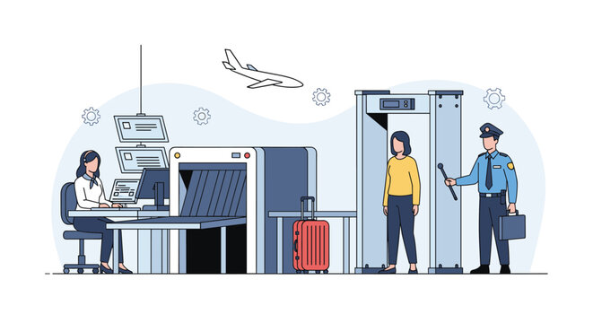 Security checkpoint at a modern airport featuring professional staff members monitoring passengers through scanners and detectors.