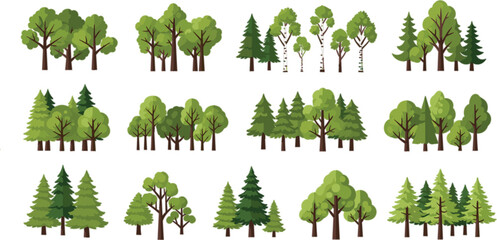 Forest Tree Clusters Vector Set Featuring Mixed Woodland Groups, Pine and Deciduous Trees and Green Nature Landscape Elements in Flat Style © Sirajul