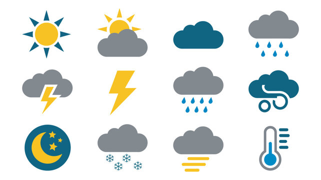 Weather icons atmospheric conditions and temperature variations, sunny cloudy rainy snowy stormy windy foggy symbols