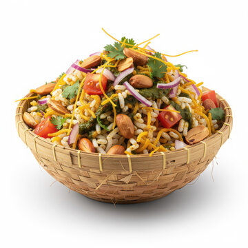 Bhel Puri in Bamboo Bowl Isolated on White Background Square Composition Studio Shot