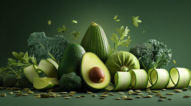 An artistic arrangement of fresh green vegetables, including avocados and broccoli, on a calming green backdrop.