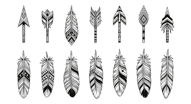 Collection of black and white hand drawn tribal arrows and feathers decorated with intricate ethnic geometric patterns.