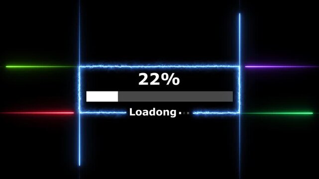 Cyberpunk loading neon bright white color animation. 56 percent number loading icon modern design rectangle from neon light black background 4k video.