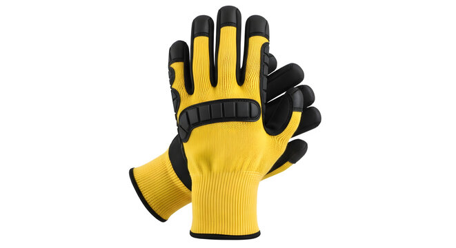 Yellow safety gloves with black tips isolated on transparent background. A pair of yellow safety gloves with black tips, isolated on transparent background, for protection and safety in work