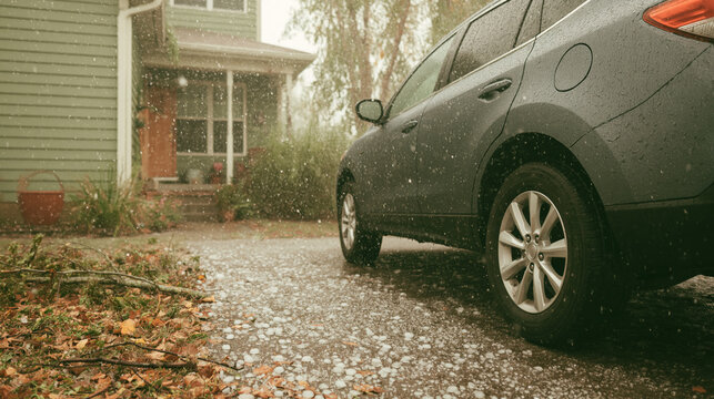 Hail falling on a gray SUV crossover  in a driveway, suburban home parked in front of house. A severe storm, low angle, hail stones on the ground, hail-damaged house car weather, widescreen