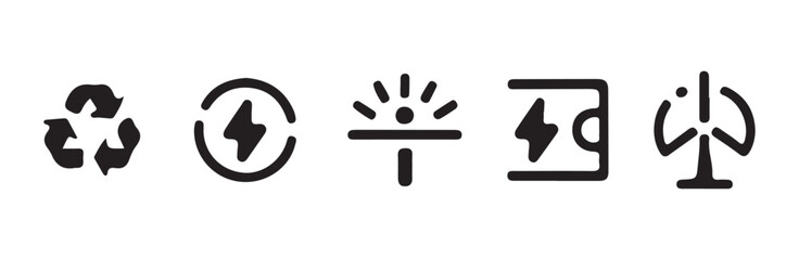 Fototapeta premium Set of black icons representing recycling, power, solar, and wind energy.