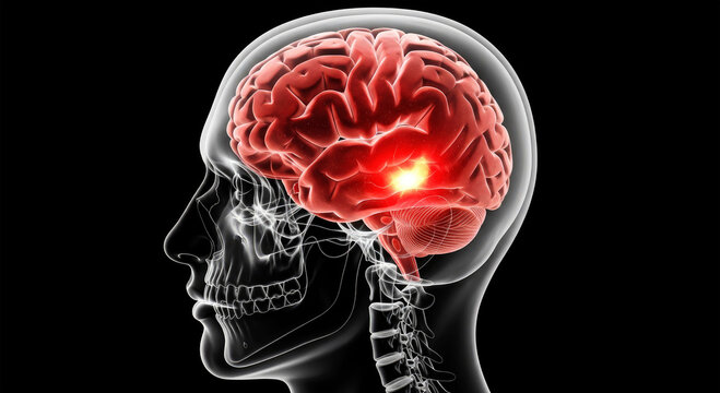 Red human brain with glowing yellow spot inside transparent skull silhouette head anatomy