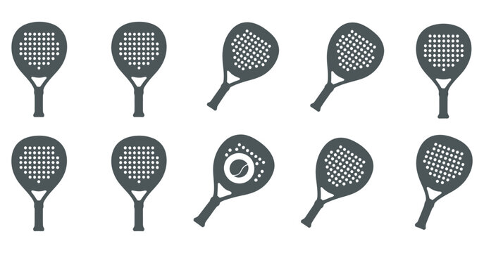 Padel racket logo icons vector art, stylized padel rackets balls sporty elements, clean modern icon style, branding sports club merchandise design, minimal flat vector illustration.