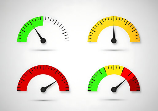 Set of four circular gauges with varying performance levels speedometer indicator dashboard performance measurement progress analysis optimization monitoring