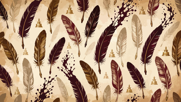 Antique quill pen pattern with ink splatters and chess pawns in rich brown and sepia tones on a textured parchment background.