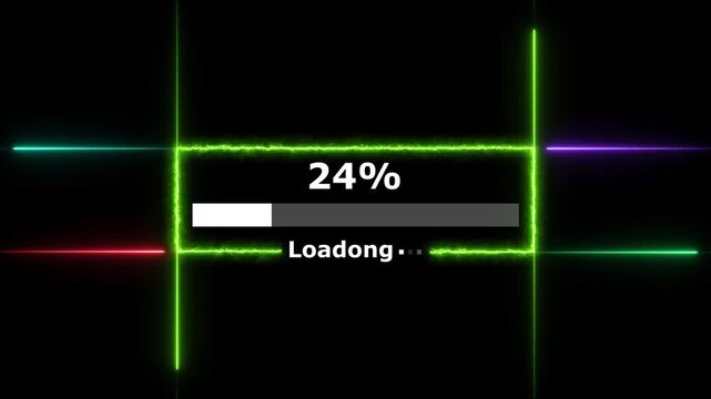 Cyberpunk loading neon bright white color animation. 63 percent number loading icon modern design rectangle from neon light black background 4k video.