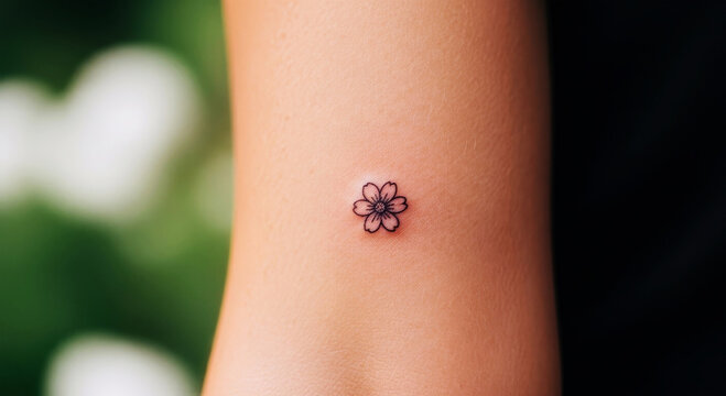 Tiny black outline flower tattoo on pale skin with blurred green background small delicate