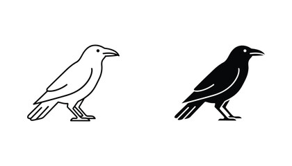 Obraz premium Standing crow bird side profile icon in outline and solid black silhouette for dark nature and gothic graphic design elements