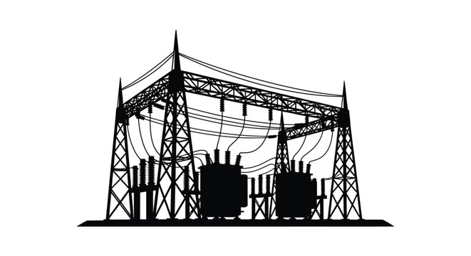 electric power station silhouette with transmission lines and transformers high quality professional detailed modern elegant stylish clean crisp