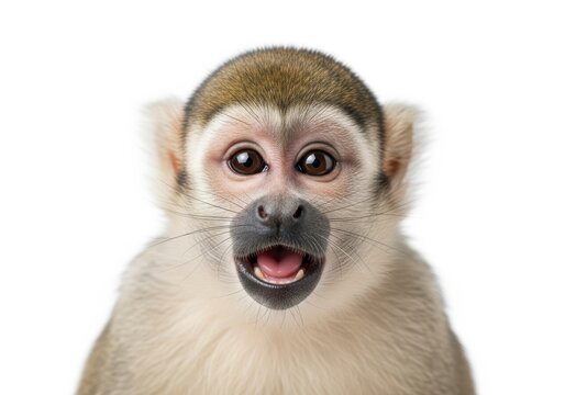 Portrait of a surprised squirrel monkey with mouth open on white