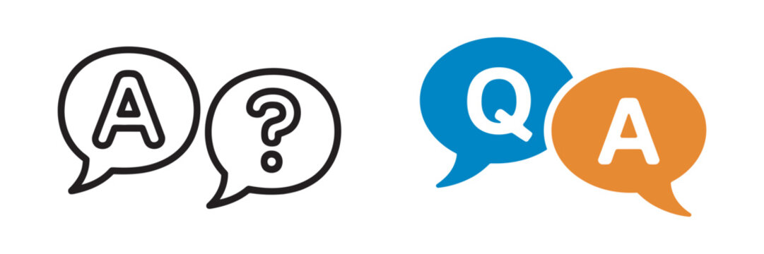 Question and answer icons Q and A chat support buttons, website app interface elements, transparent PNG vector style, clean modern design, customer help concept.