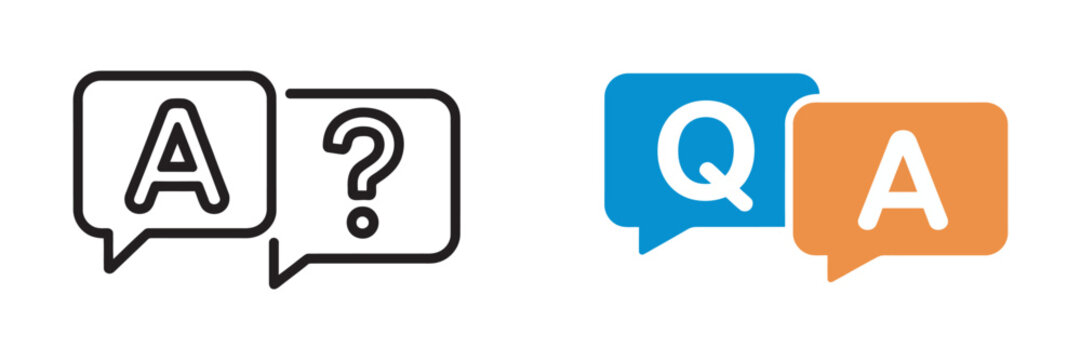 Question and answer icons Q and A chat support buttons, website app interface elements, transparent PNG vector style, clean modern design, customer help concept.
