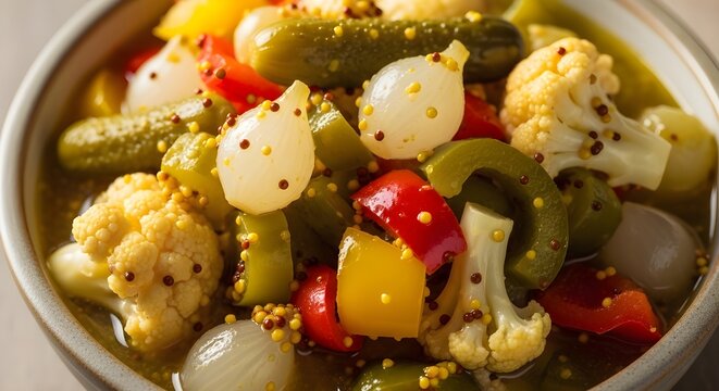  Traditional Piccalilli Mustard Pickle with Mixed Vegetables Closeup
