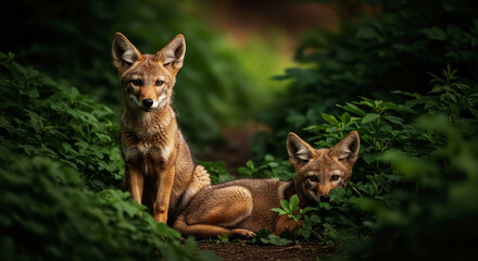 Obraz premium Two young coyotes resting in lush green foliage on a forest floor animal wild