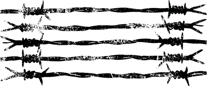 Grunge black barbed wire horizontal border with sharp spikes isolated on white background