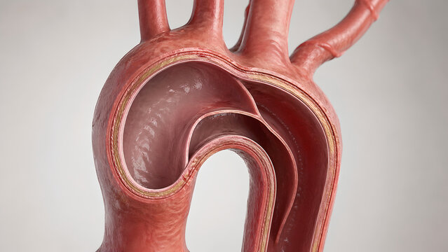 Aortic dissection 3D cutaway, intimal flap, true lumen, false lumen, realistic aorta anatomy, medical teaching render, vascular wall texture