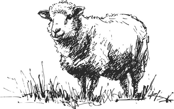 Hand drawn sketch of a fluffy sheep standing on grass with detailed fur texture