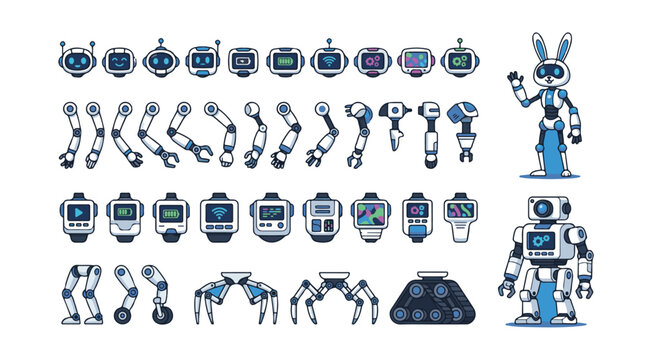 Comprehensive Robot Character Creator Kit with Diverse Parts, Smartwatches, and Robot Types
