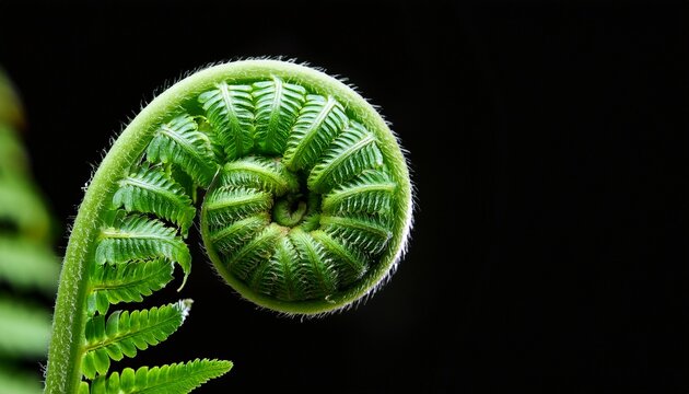 vibrant green spiral fern frond close up against black background