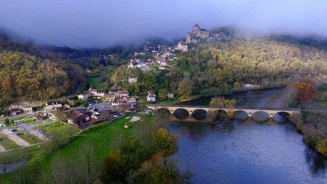 Dordogne Valley Forest with Beynac Castle Aerial View