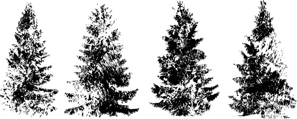 Fototapeta premium Set of four black ink splatter fir trees hand drawn brush silhouettes forest nature design elements for winter and holiday themes