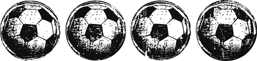Naklejka premium Four vintage soccer balls lined up in a row isolated on white background