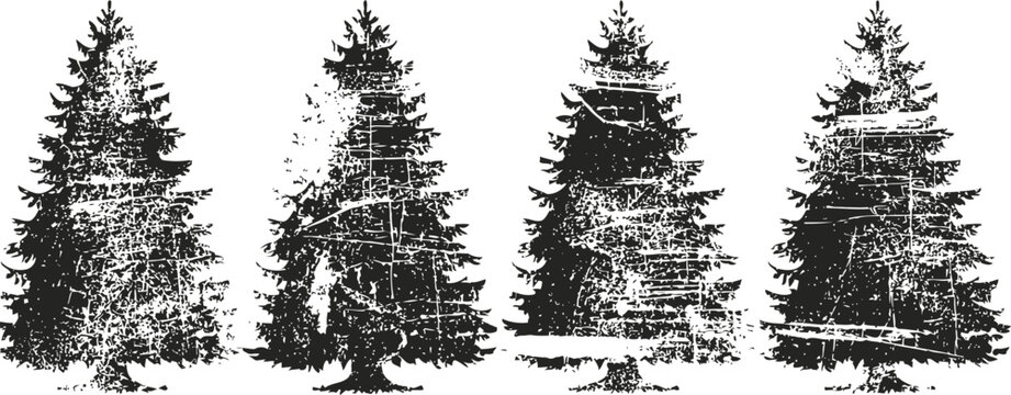 Black and white silhouette of various evergreen pine trees set forest nature, winter and christmas concept, rustic design elements
