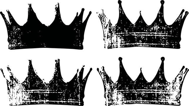 Set of four vintage black grunge crown silhouettes old textured royal headwear designs