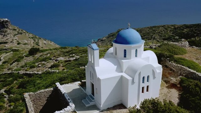Amorgos Coastal Chapel and Blue Sea Aerial