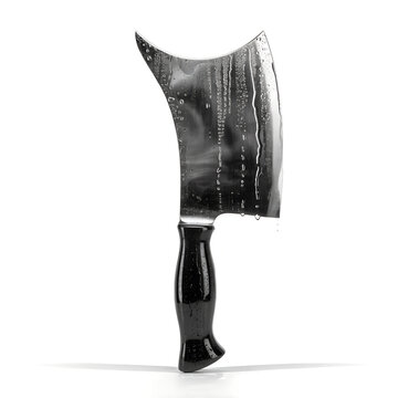 Vintage cleaver, antique kitchen knife, black handled meat cleaver, curved blade isolated on White Background