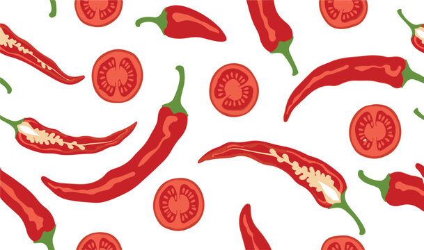 Seamless pattern of vibrant red chili peppers and slices on a white background
