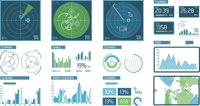 Futuristic Radar and Data Dashboard Interface Vector Set Featuring Analytics Charts, Scanning Screens, Infographics and Digital Monitoring UI Elements in Flat Design
