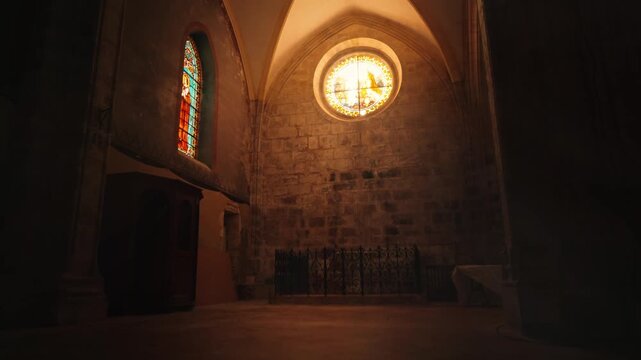 Issigeac Church Rose Window with Powerful Sunlight Beam