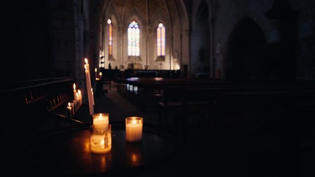 Issigeac Bastide Church Interior Tracking Shot with Candles
