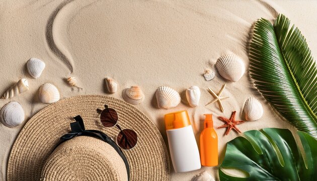flat lay of summer beach essentials on sand straw hat sunglasses sunscreen seashells and tropical leaves sunny day mood copy space