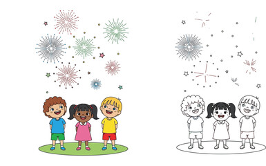 Fototapeta premium Diverse Children Watching Fireworks Display Cartoon Illustration and Black and White Line Art Coloring Page for Kids Education Celebration and Holiday Activities