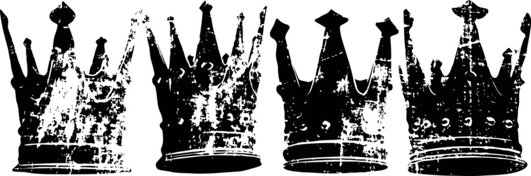 Four black vintage crowns silhouette set with different textures and styles