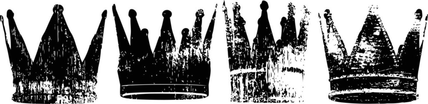 Grunge black crowns silhouettes set vintage royal symbols with distressed textures and worn look