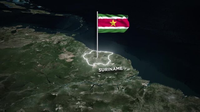 Suriname Map Animation with 3D Waving of Suriname Flag and Glowing Border Animation on World Map