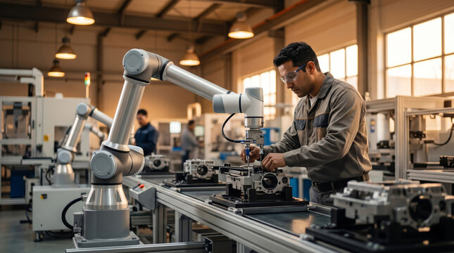 A skilled technician wearing safety glasses works alongside a precision robotic arm on an assembly line, inspecting and assembling engine components in a modern industrial factory setting.