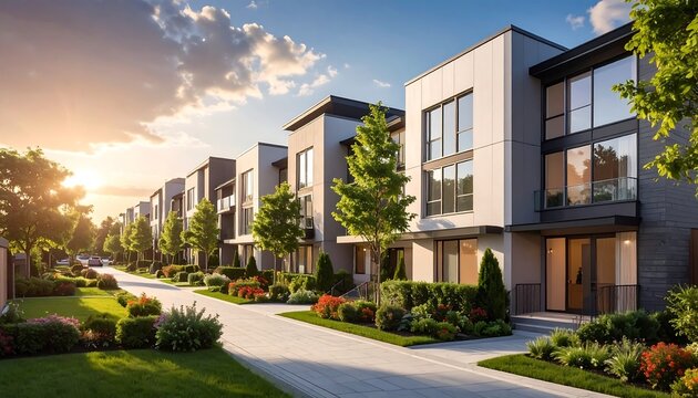 Modern rowhouses with large windows and lush landscaping line a paved street under a warm sunset sky. Green trees add shade