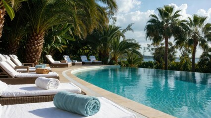 Fototapeta premium Curved infinity pool with palm trees and stacked towels on deck